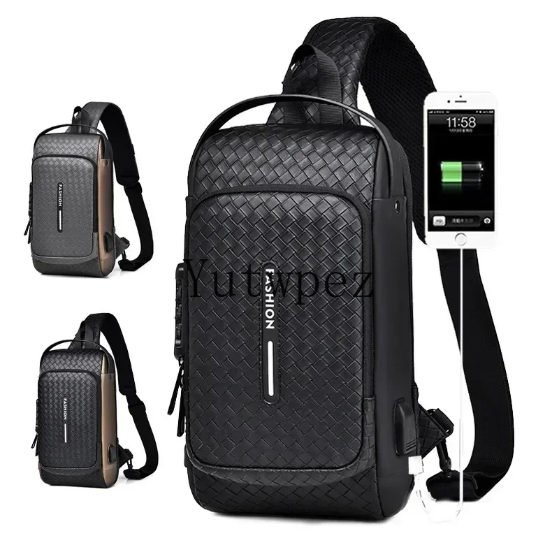 Men Fashion Chest Bag Anti-theft Tape Bag Cycling Portable Backpack USB Charging Port PU Shoulder Outdoor Sports Crossbody Bag