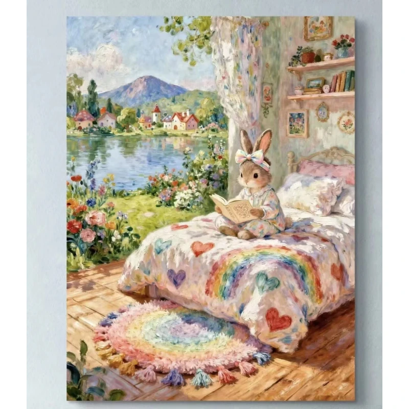 5D DIY Diamant-Malerei-Set „Lesendes Kaninchen“ – Kunstwerk, Kreuzstich, Vollbohr-Strass, Wanddekoration, Bastelset, Geschenk für Zuhause
