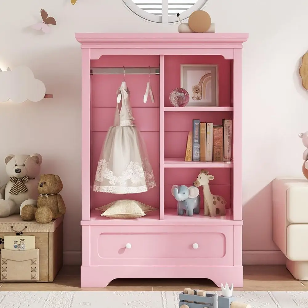 

Children's Wardrobe with Hanging Rod and Drawers, Low Design for Pink