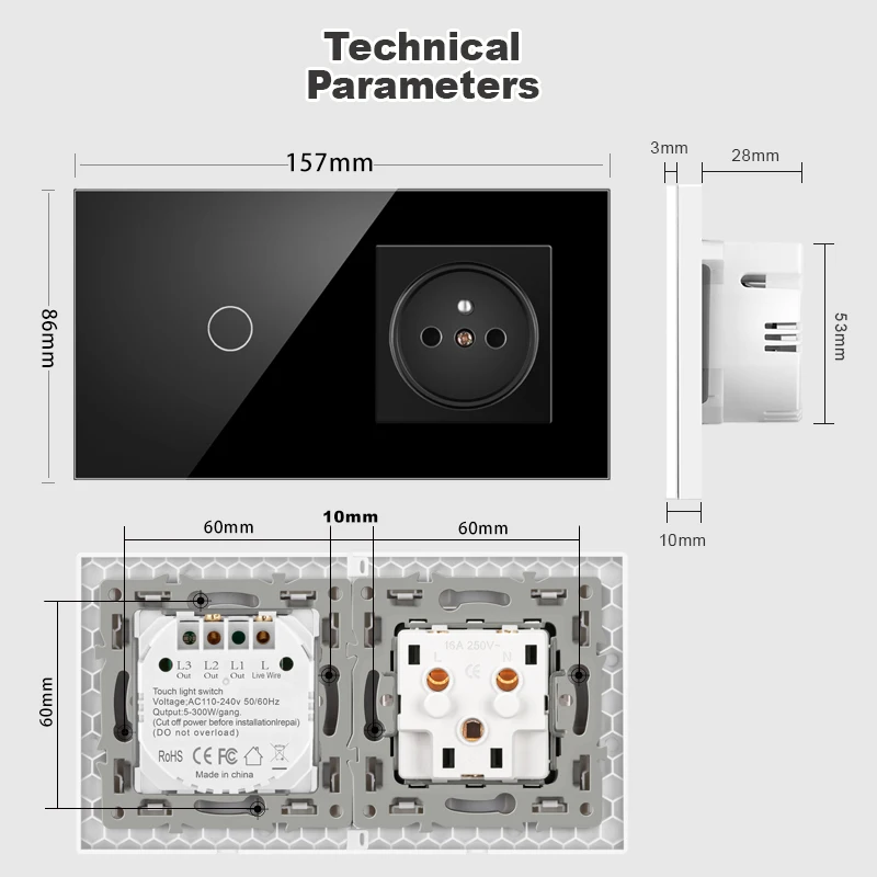 NYWP Touch Light Switch France Sockets USB C Phone Charge Crystal Glass 1/2/3Gang Wall Switches Double Sockets Black