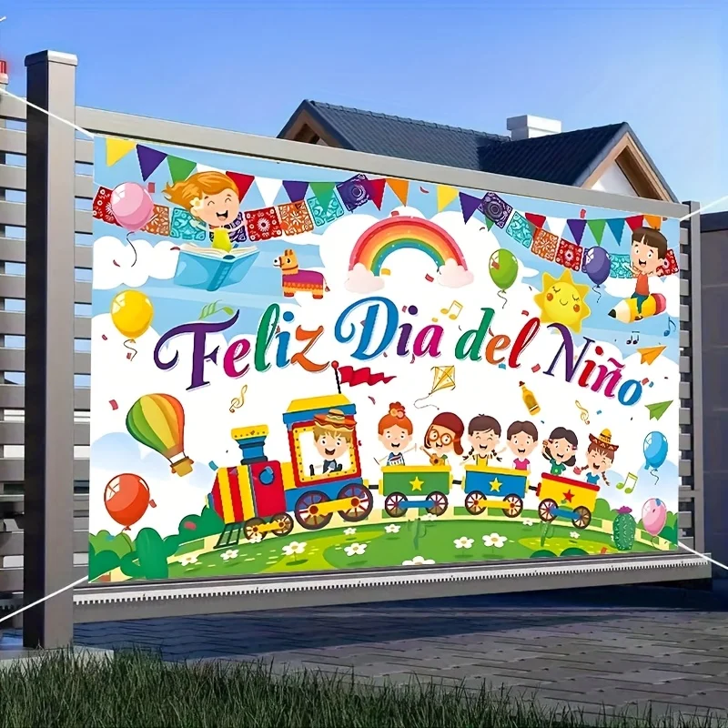 Feliz Dia del Nino Childrens Day Tapestry Cartoon Train Rainbow Banners Kids Party Outdoor Banner Spanish Language Fun Decor