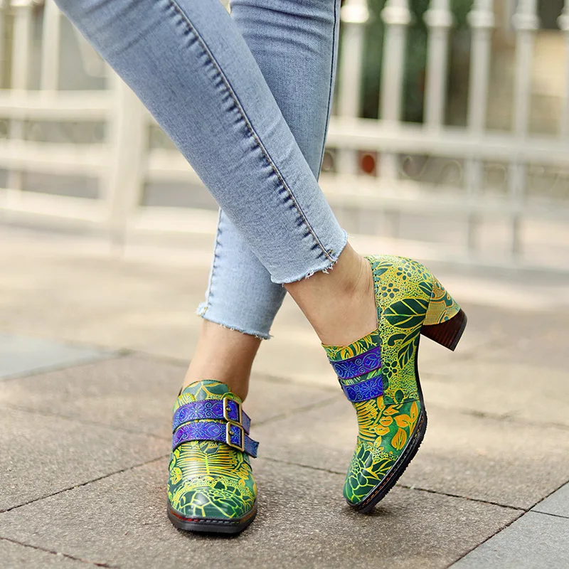 

Hand Painted Print Women Shoes Retro Style Leather Ladies Boots Square Head Brand Design High Heels Fashion Ethnic Style Pumps