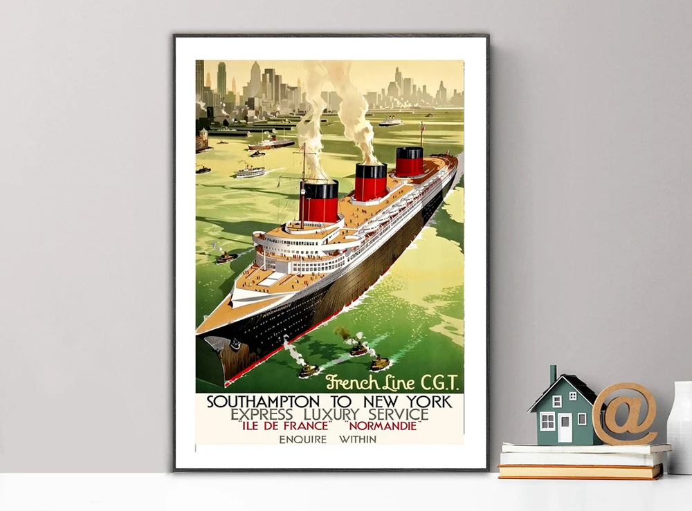 French Line Southampton to New York, Normandie Travel Poster - Poster Print or Canvas Print / Gift Idea / Wall Decor