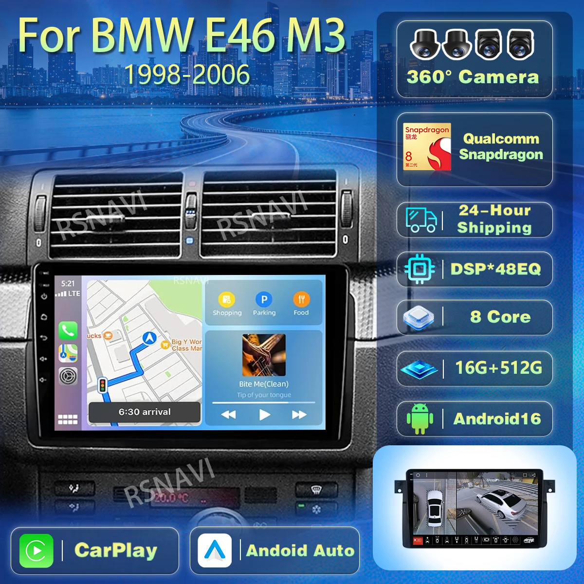 Snapdragon Android 16 Car Radio For BMW E46 M3 1998 - 2002 2003 2004 2005 2006 Carplay Auto Multimedia Player GPS WiFi+4G GPS BT