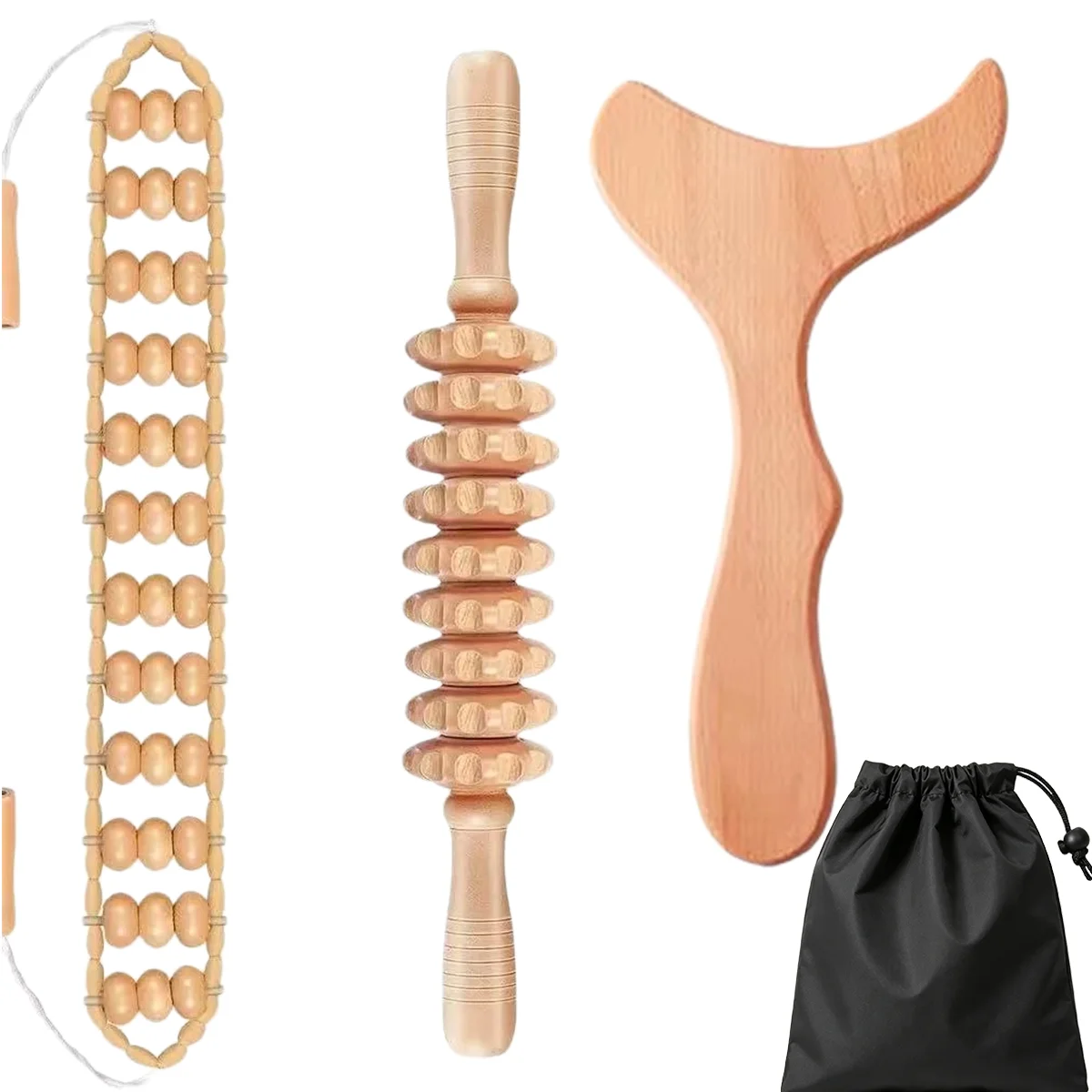 Herramientas de Maderoterapia, Kit de Rodillos de Madera con Bolsa para Esculpir el Cuerpo, Drenaje Linfático, Anticelulitis