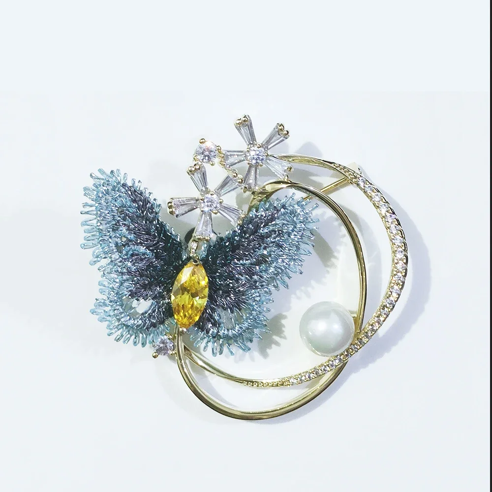 Blucome New Design Embroidery Brooch Delicate Copper Butterfly Brooch for Women Corsage Suit Scarf Hat Hijab Pins Accessories