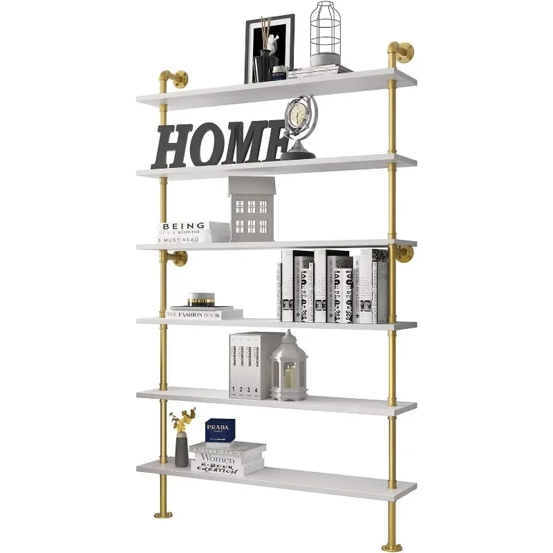 

BOSURU Gold Wall Bookshelves with White Shelves Rustic Industrial Ladder Bookshelf, Industrial Pipe Shelf for Living Room