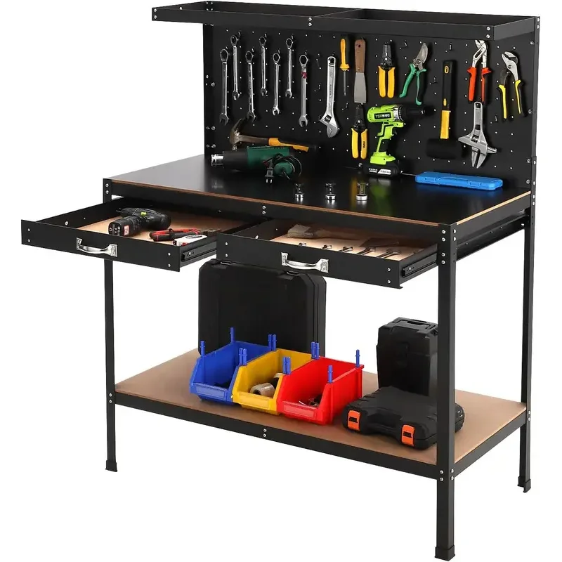 56 Inch Workbench with Pegboard Tool Storage Workshop Table with Drawers and Pegboard 420lbs Weight Capacity