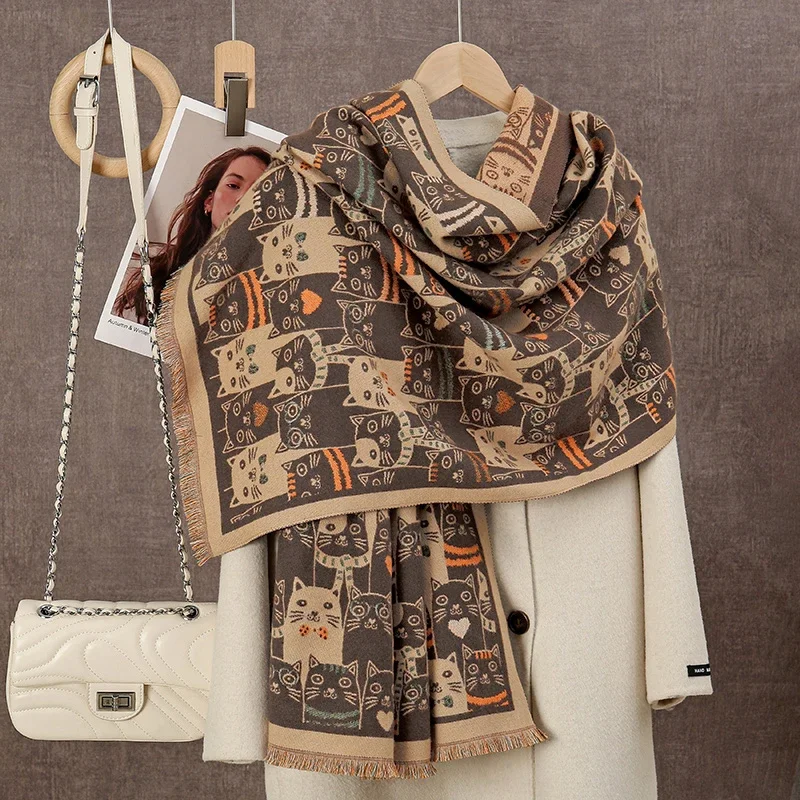 

Cat Print Scarf Winter Warm Cashmere Pashmina Scarves Shawls Female Thick Travel Blanket Wraps Bufanda Pashmina Female Stoles