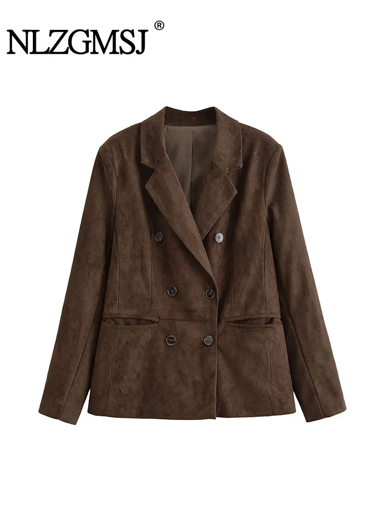 

NLZGMSJ женский осенний новый винтажный однотонный женский двубортный пиджак с лацканами, женская куртка с подплечниками, женская верхняя одежда