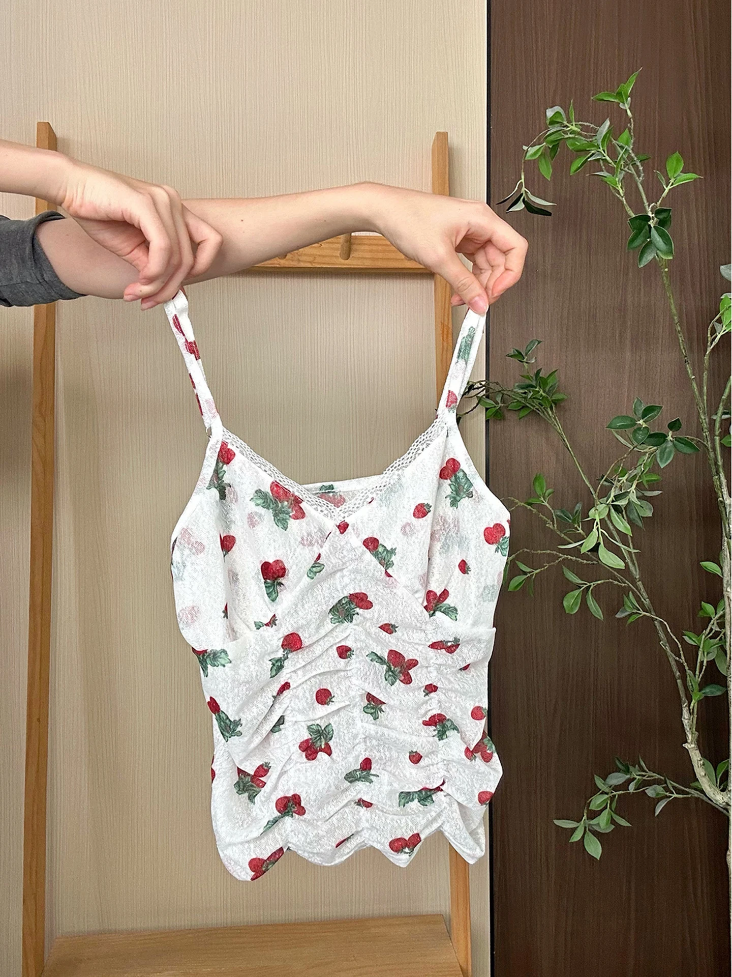 Cherry Print Lace Trim V-Neck Strap Vest Women's Two-Piece Set Layering Atmosphere Long Sleeve Open Cardigan Top Thin