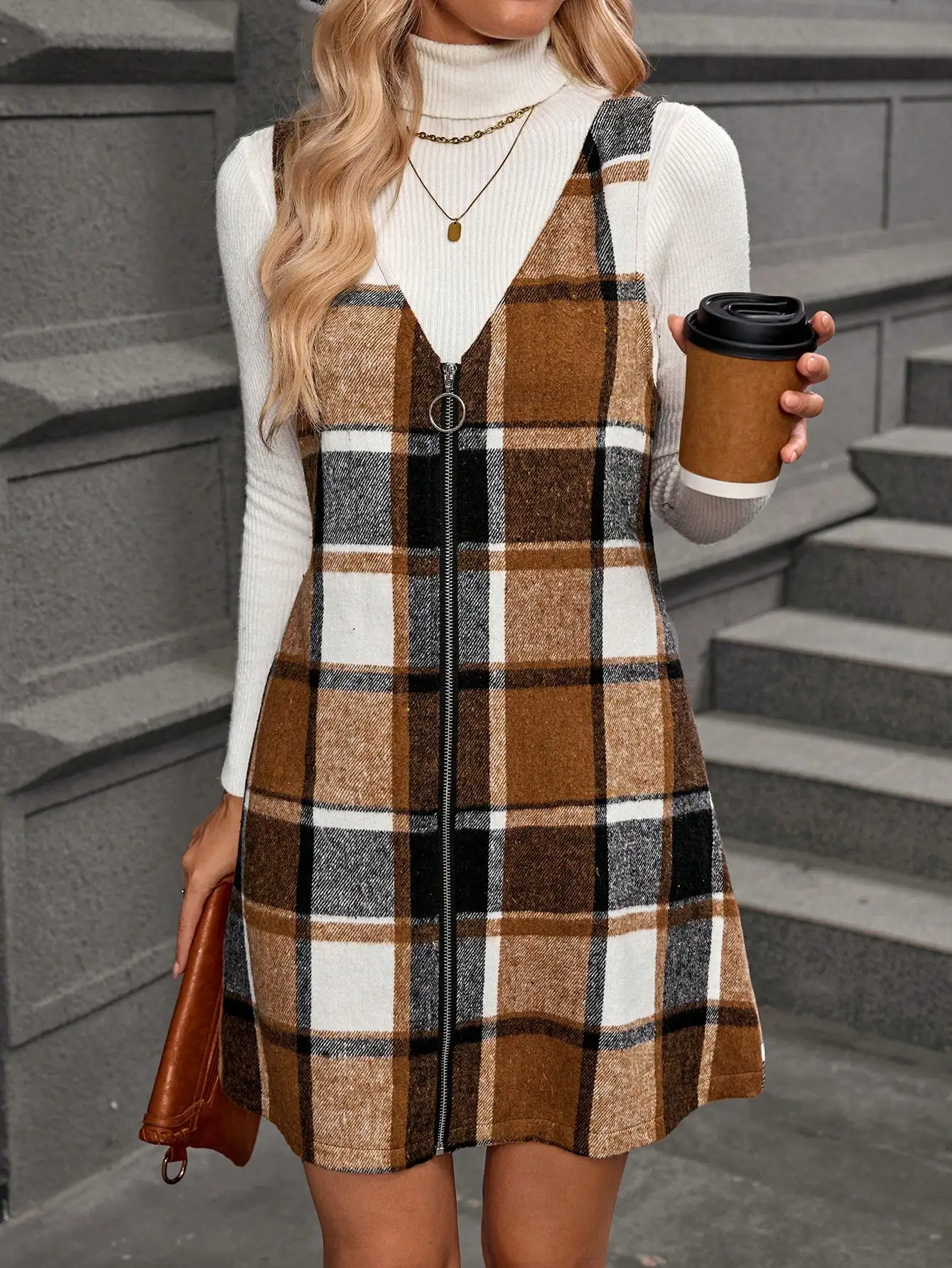 

Women's Plaid V-Neck Zip-Up Sleeveless Dress, Fall/Winter
