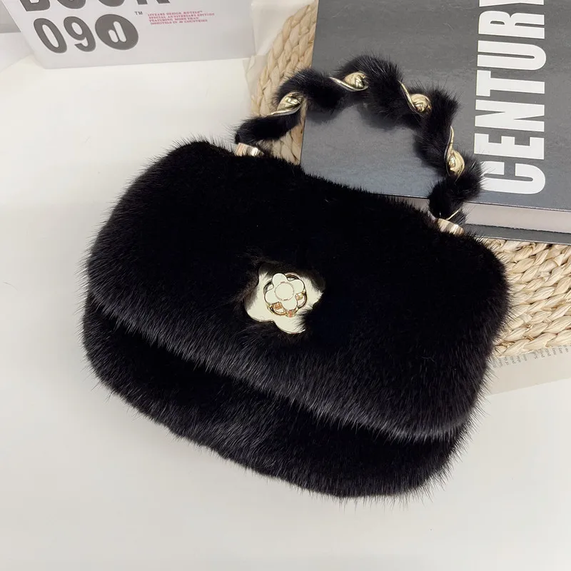 Real Mink Fur Bag Winter Natural Fur Bag For Women Single Shoulder Chain Bag Fashion Crossbody Handbag Luxury Evening Party Bag