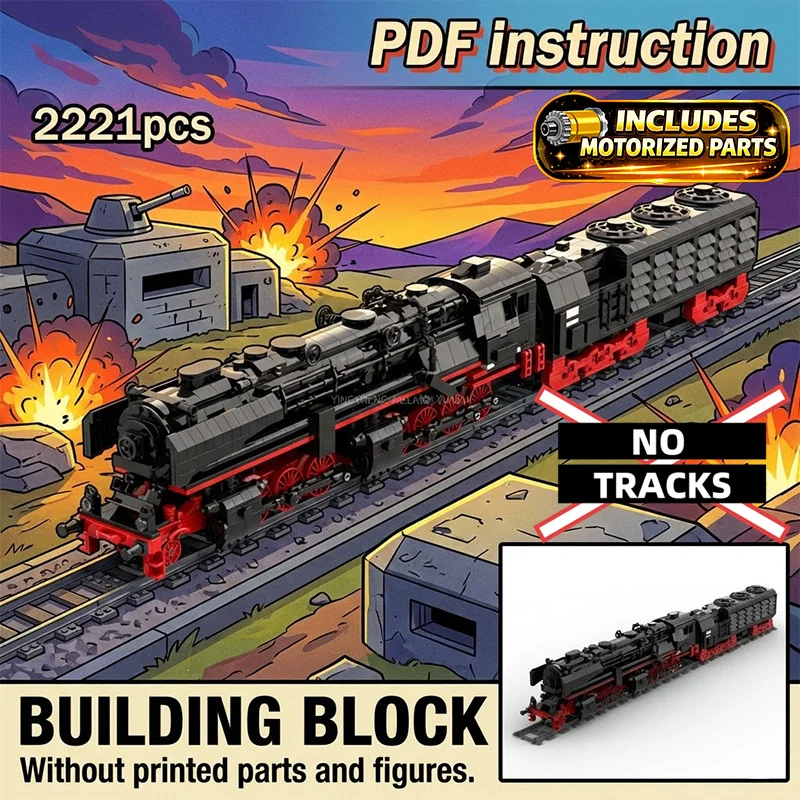 

MOC Vintage Heavy Steam Locomotive Engine with Coal Tender & Red Wheels Railway Block Model for 249188 moc