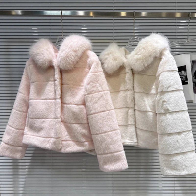 Winter new sweet and environmentally friendly fur collar plush warm jacket elegant temperament hooded jacket for women