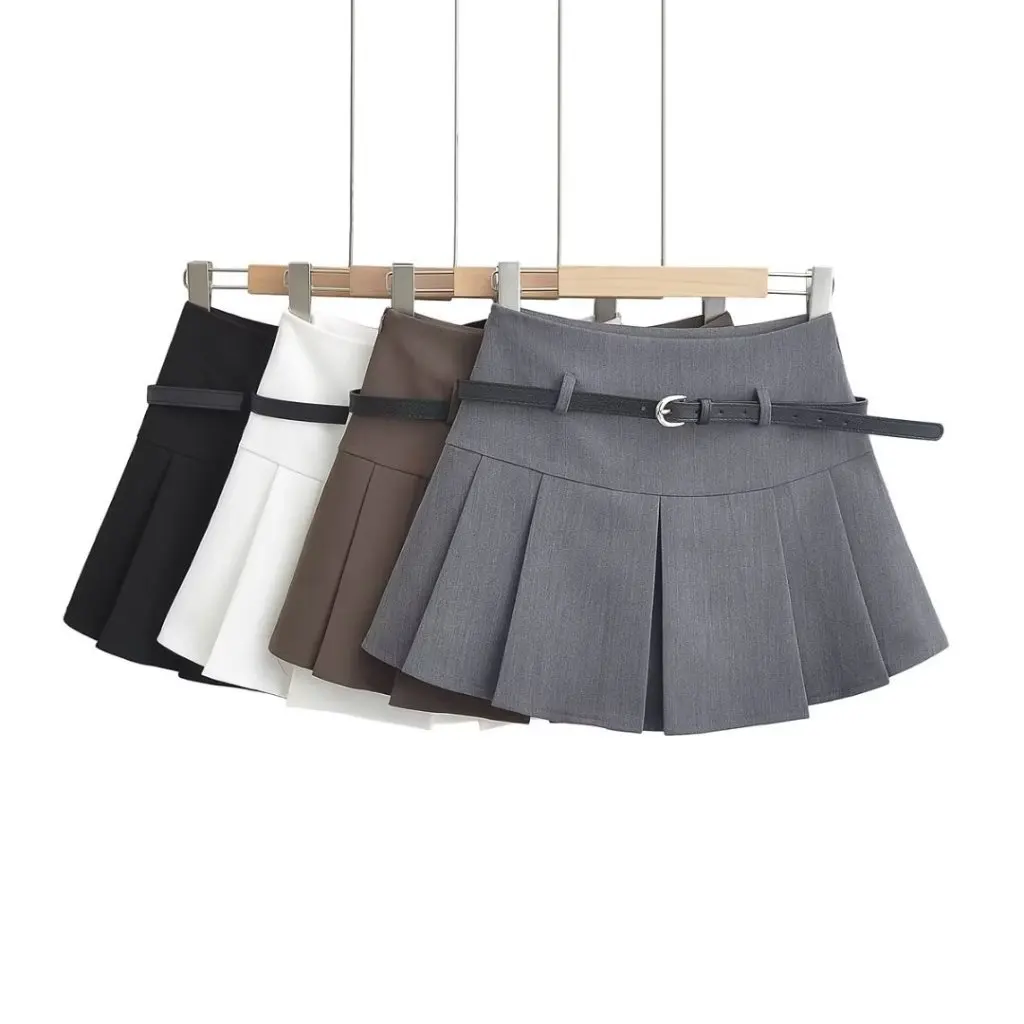 

Design Sense Women's High Waist Pleated Skirt A-Line Slimming Hip Spring European American Style Belted Fashion for Girls