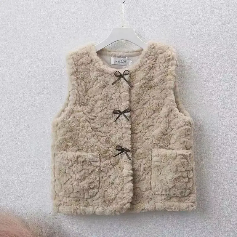 Fashion Preppy Style Autumn Winner Berber Fleece Coats Vests Women Solid O-Neck Bow Button Pocket Chic Sleeveless Cardigan Tops