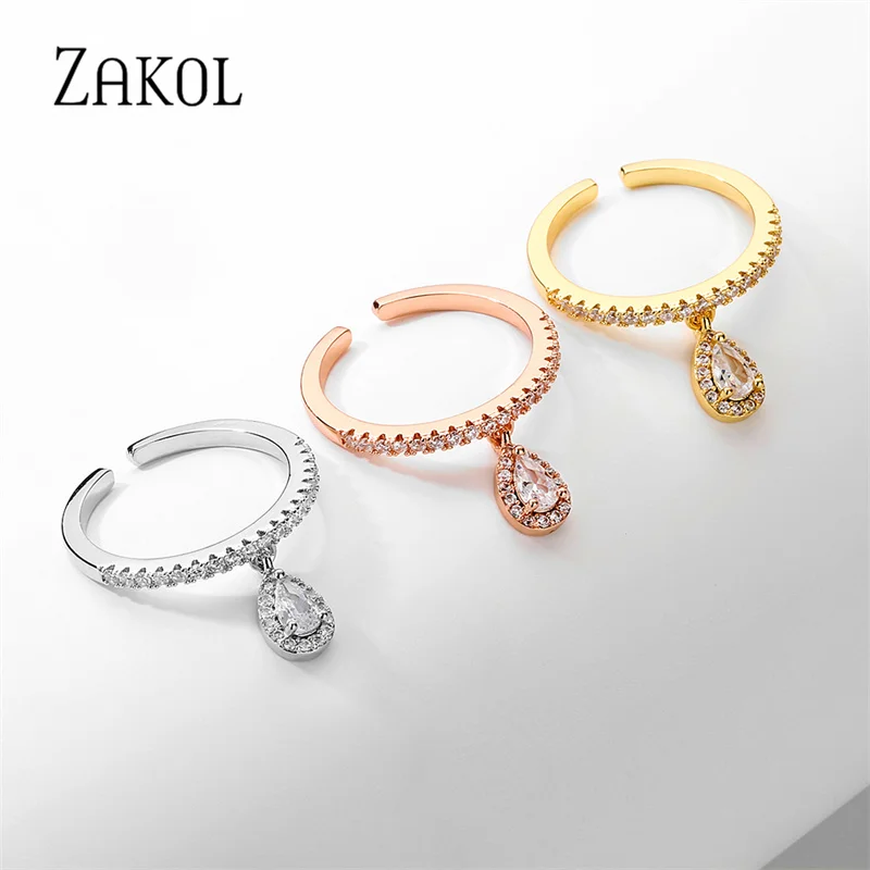 ZAKOL Fashion Water Drop Cubic Zirconia Engagement Rings for Women Adjustable Ring Accessories R2330