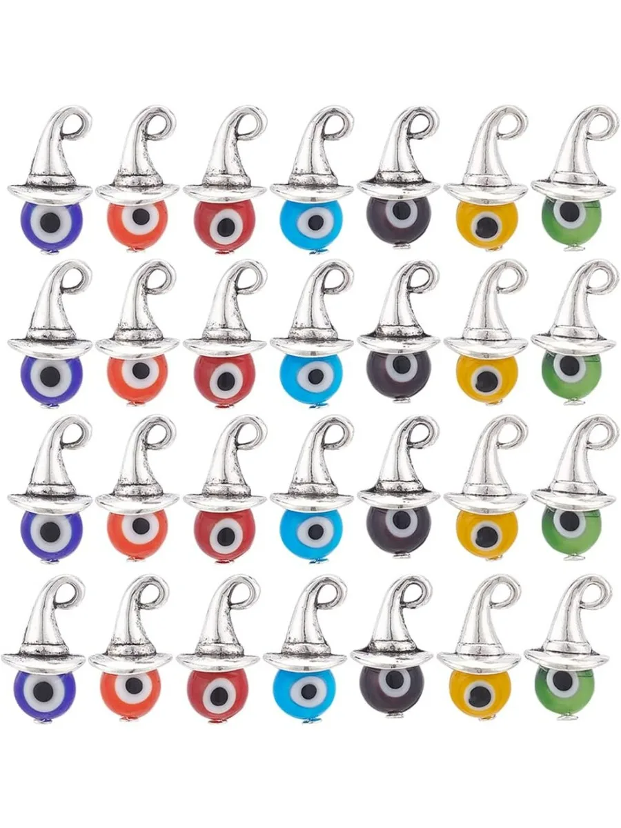 70pcs Evil Eye Charms Witch Hat Pendants Colorful Round Evil Eye Pendant Alloy Pendants with Evil Eye Lampwork Round Bead