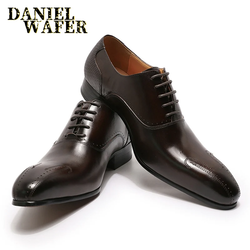 Winter Luxury Men Genuine Leather Shoes Lace Up Wedding Office Business Pointed Toe Formal Men\'s Dress Oxford Shoes for Men