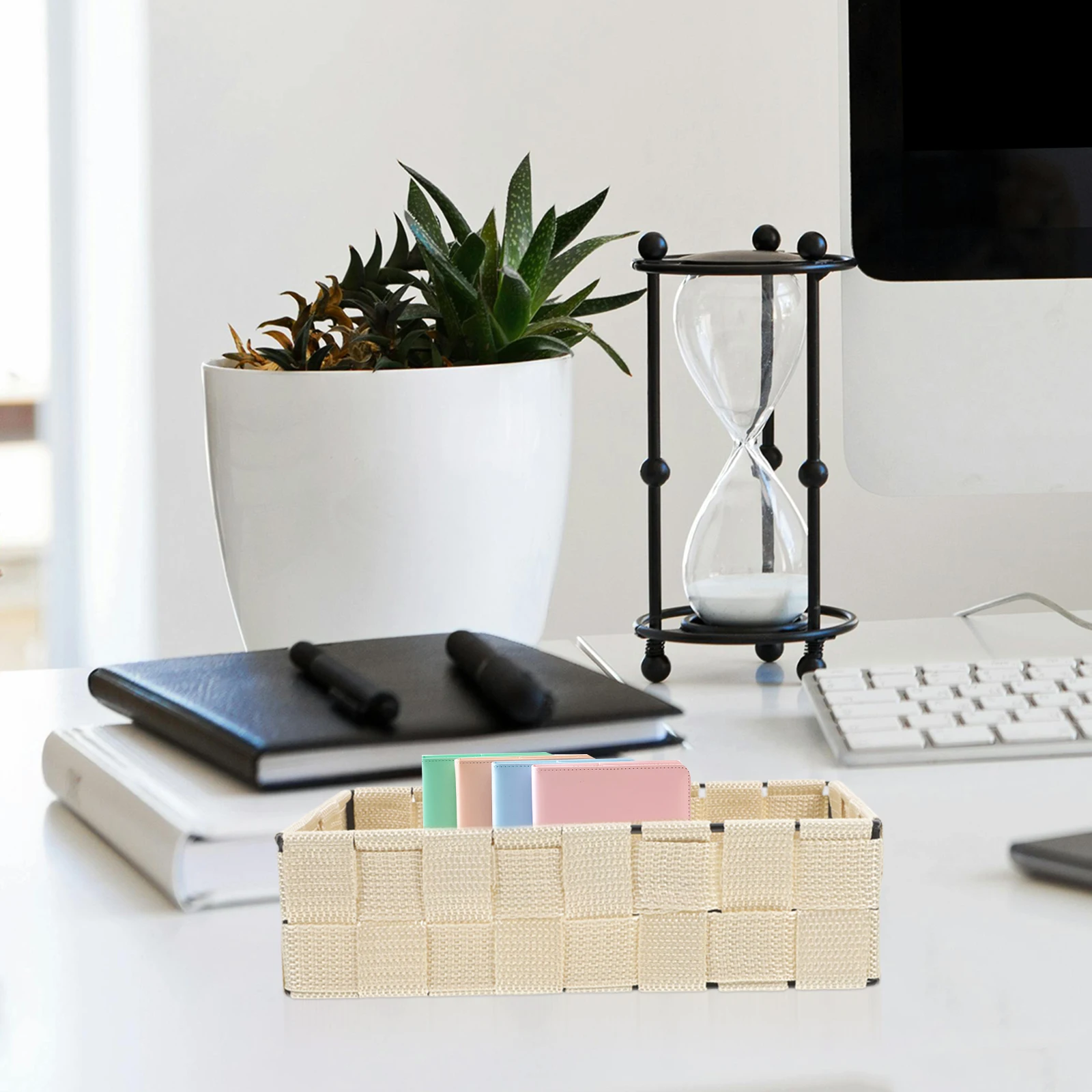 

Desktop Storage Basket Weave Lid Wicker Baskets Steel Organizing Multifunctional Nylon Space Efficient Desktop Friendly