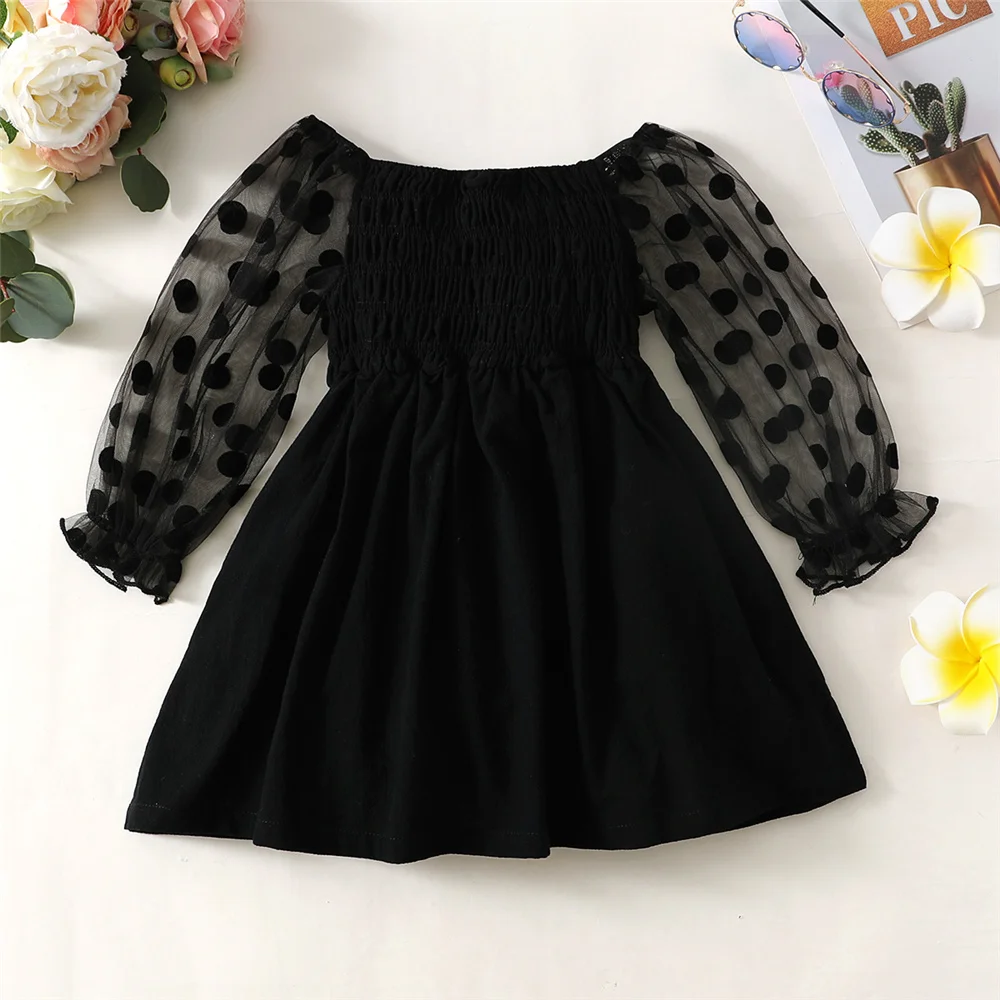 Kids Girl Fashion Party Dress Black Poka Dotted Tulle Long Sleeve Dress Spring&Autumn A-line Dress for Toddler Girl 1-6 Years