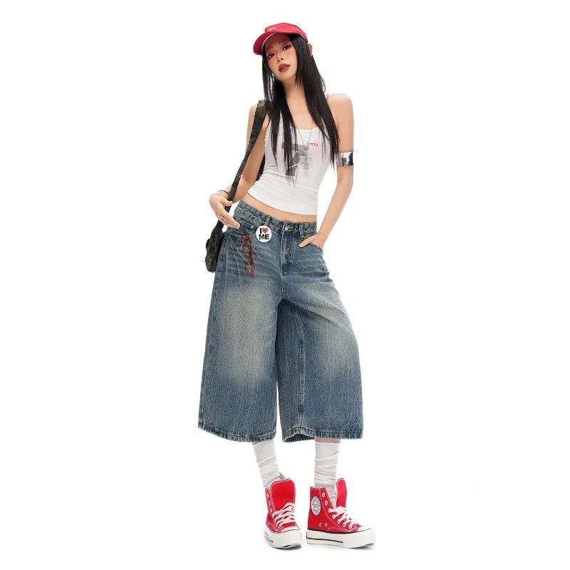2026 Summer Unisex Vintage Wash Lightning Print Cropped Jeans Street Loose Wide Leg Seven‑Points Denim Pants