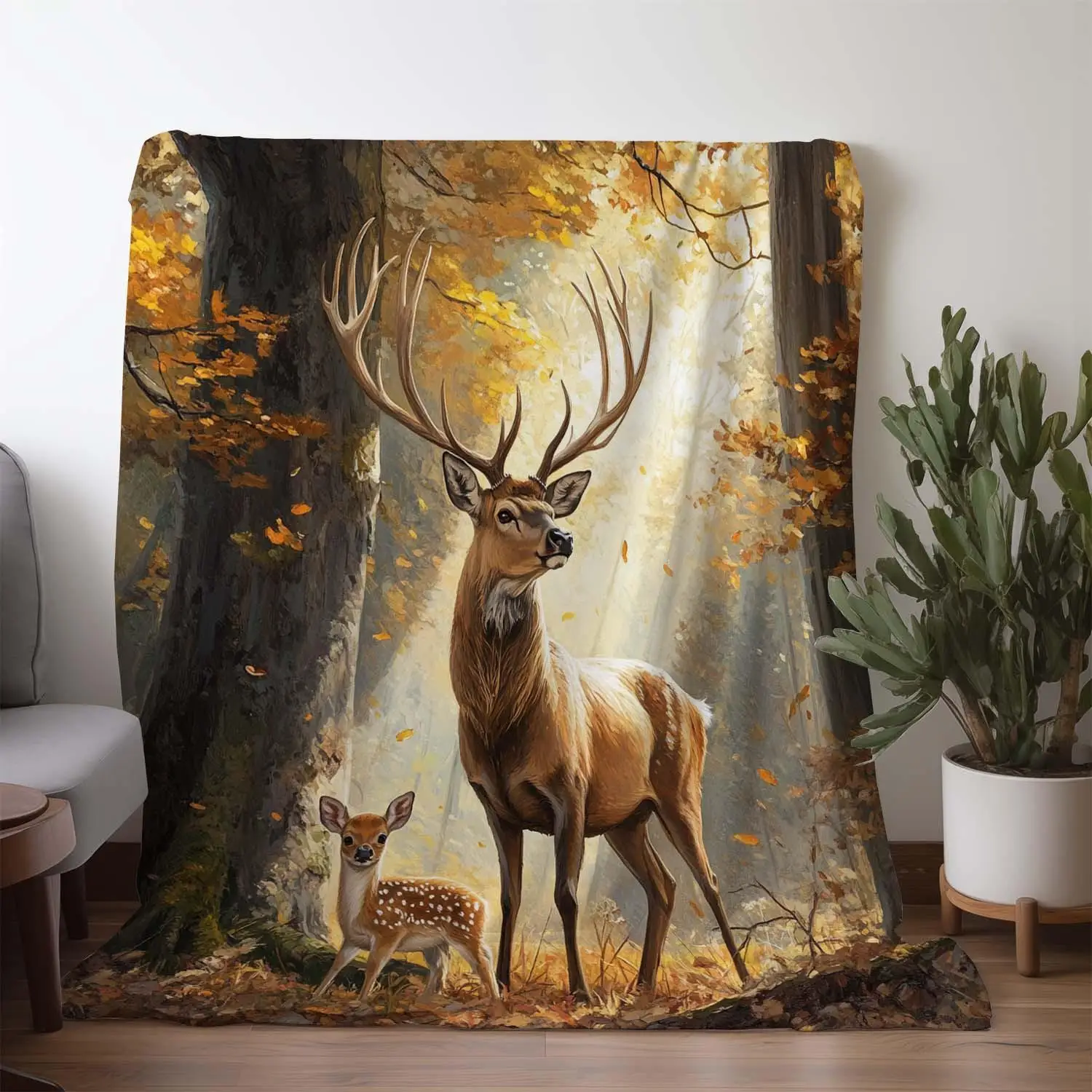 Soft Flannel Fleece Throw Blanket Warm Cozy Deer Forest Scene with Fall Foliage, Lightweight & Portable for Couch