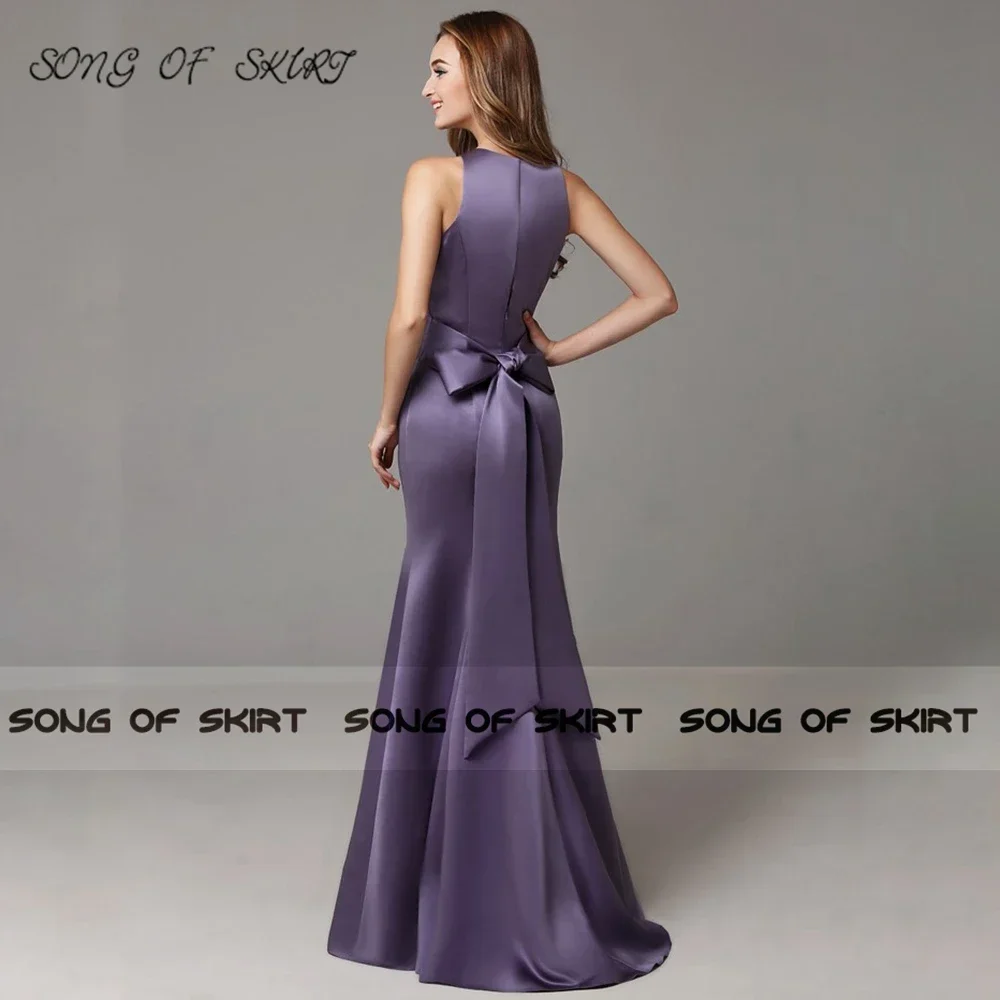 Customized 2024 Elegant Dark Purple Mermaid Evening Dresses O Neck Bowknot Long Plain Formal Holy Communion Party Gown