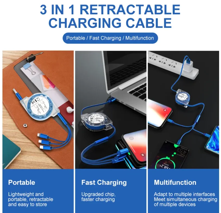 Suitable for iPhone TYPE-C 3 in 1 telescopic one to three mobile charging cable charging cable