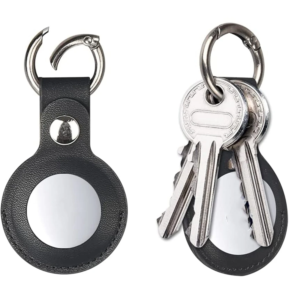 2Pcs Case Compatible for Apple Airtag, PU Leather Skin Cover Black_BSH