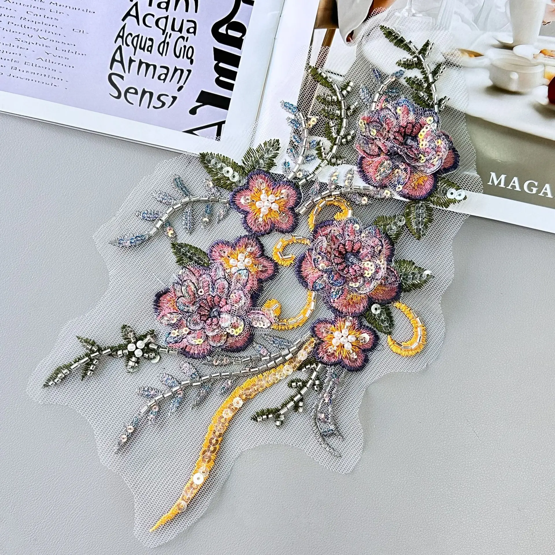 الملونة ثلاثية الأبعاد الأزهار التطريز القماش التصحيح شبكة أسفل الترتر الحرفية الزخرفية زهرة الملابس اكسسوارات الزفاف #5