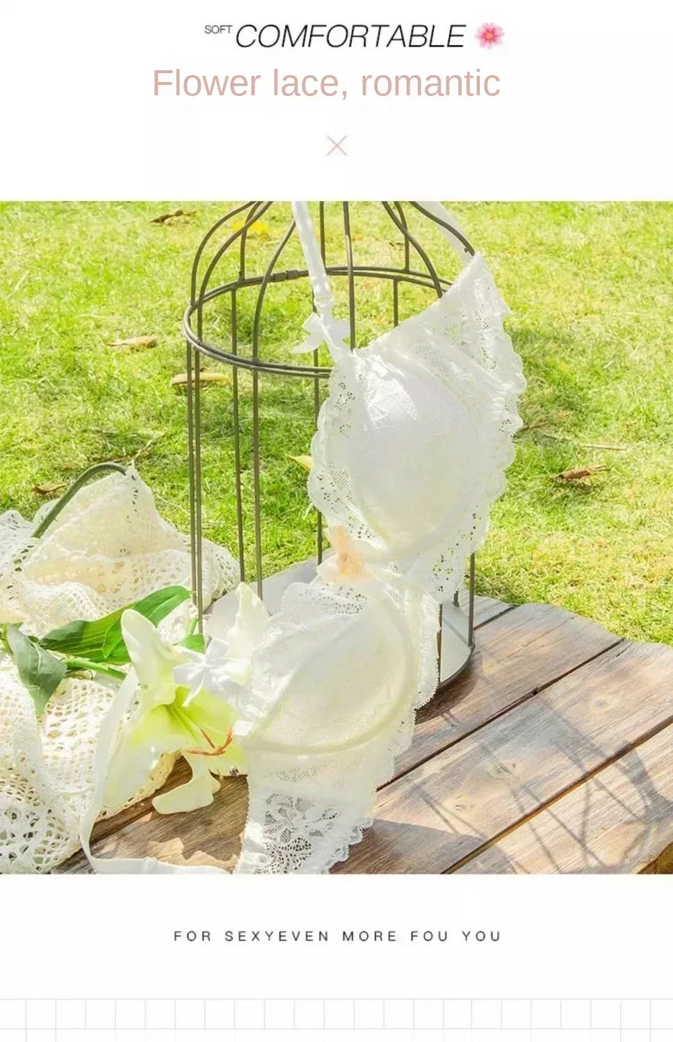 MOYISU Französische, romantische Spitzen-Dessouskollektion, bequem, atmungsaktiv, sinnlich, für 32-38 A B Cup, Push-up-Unterwäsche-Set für Mädchen – Detail 6