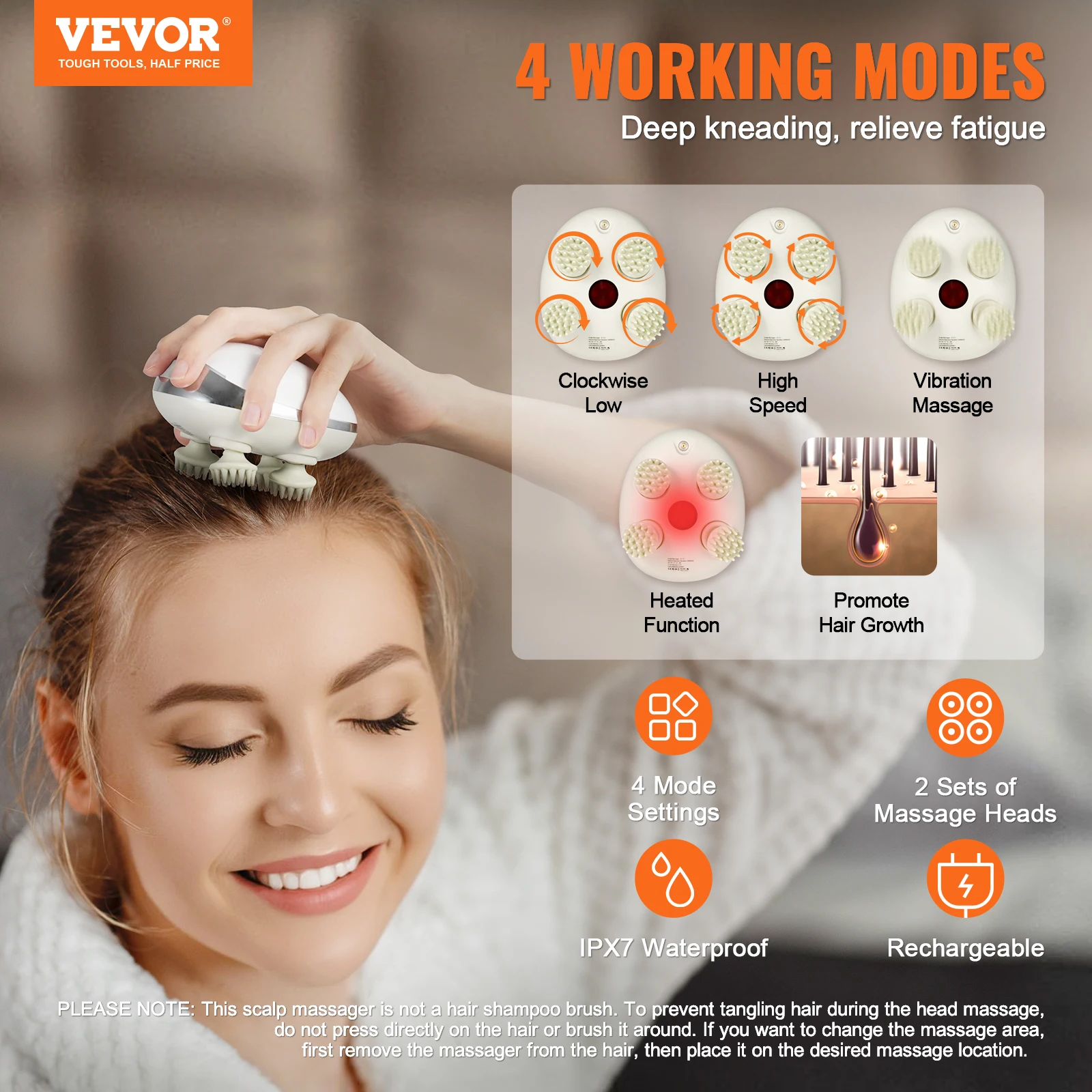 VEVOR Electric Scalp Massager Heat Rechargeable Heated Head Massager Waterproof Portable Scratcher for Hair Growth Stress Relax