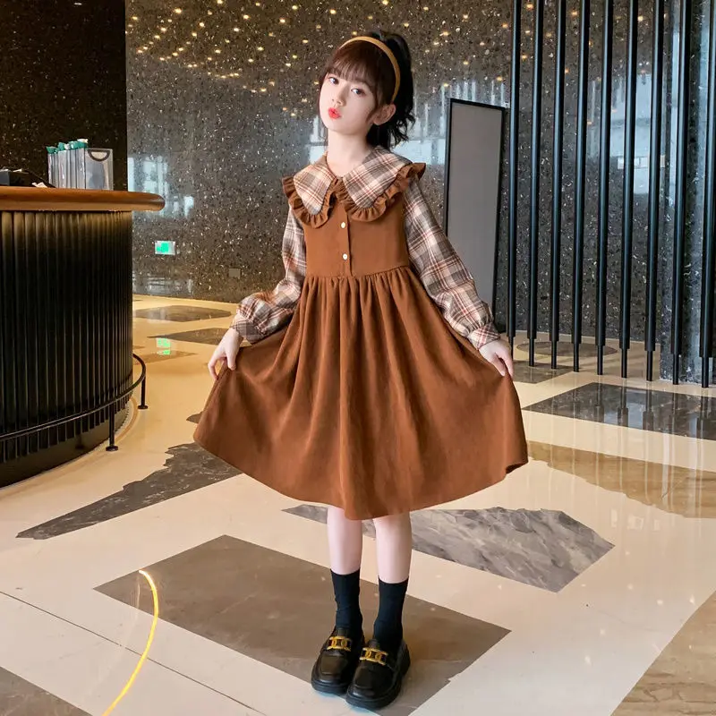2025 New Arrival Girls' Stylish Internet-Famous Korean Style Long Sleeve Princess Dress Spring Autumn for 4-12 Years Old