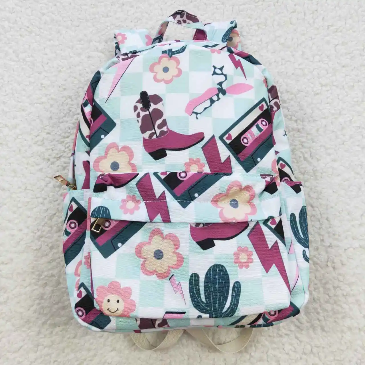 

BA0082 backpacks for school children Boot Tape Lightning cactus Flower Green and white checked backpack cute fashion school bags