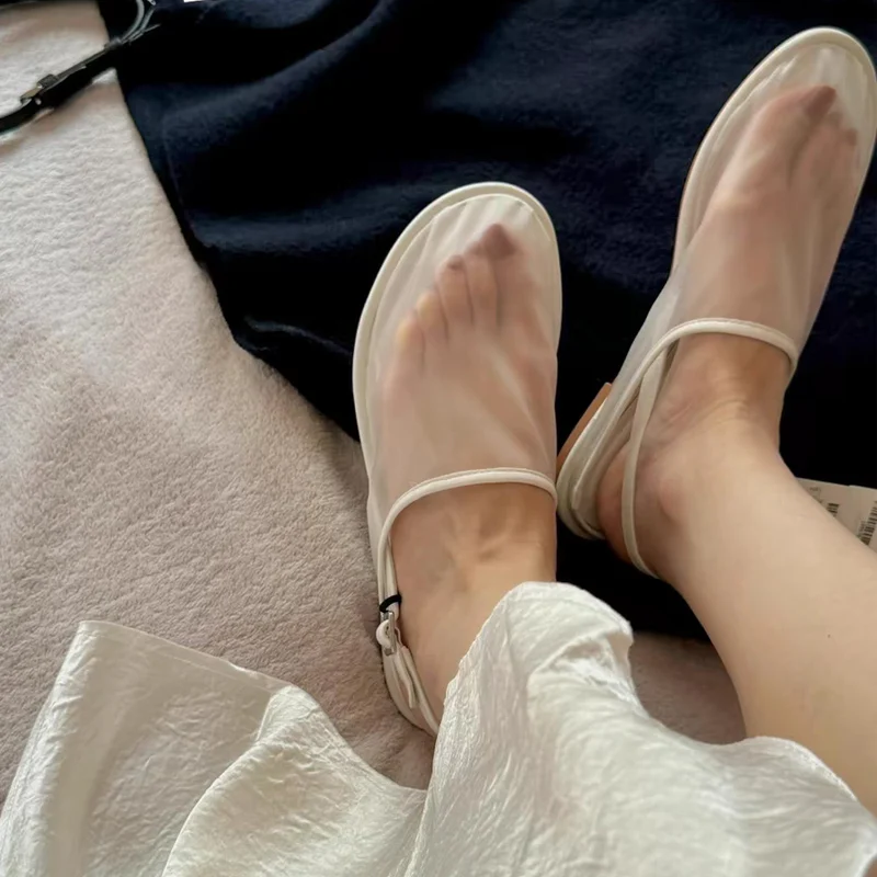 Transparent Gauze Mule Sandal Woman Casual Round Toe Net Slingback Shoes Ladies Brand Design Summer Breathable Mesh Flat Zapatos