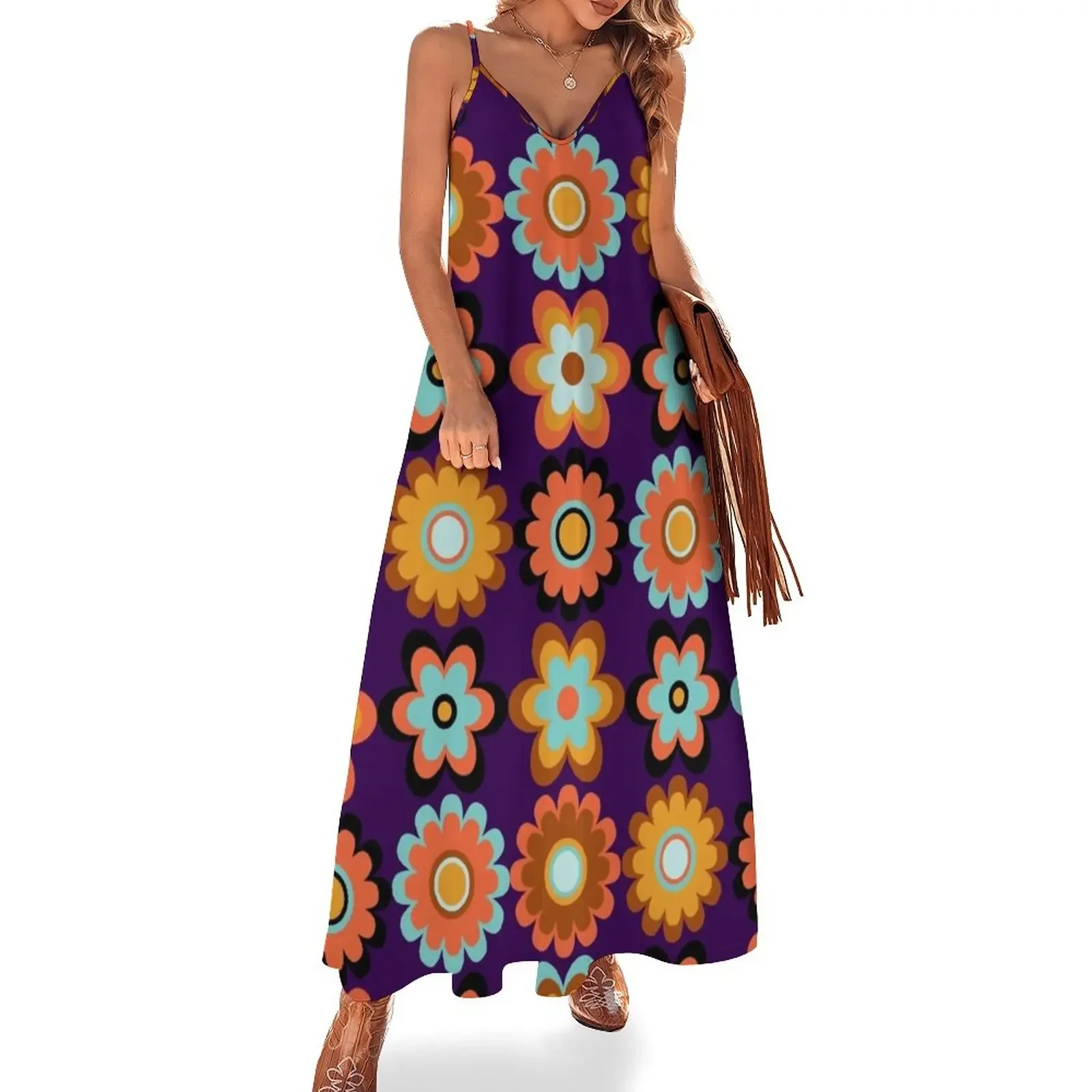 

Retro 60s 70s - Hippie Flowers On Dark Violet - Vintage Boho Floral Pattern Sleeveless Dress long dress women summer