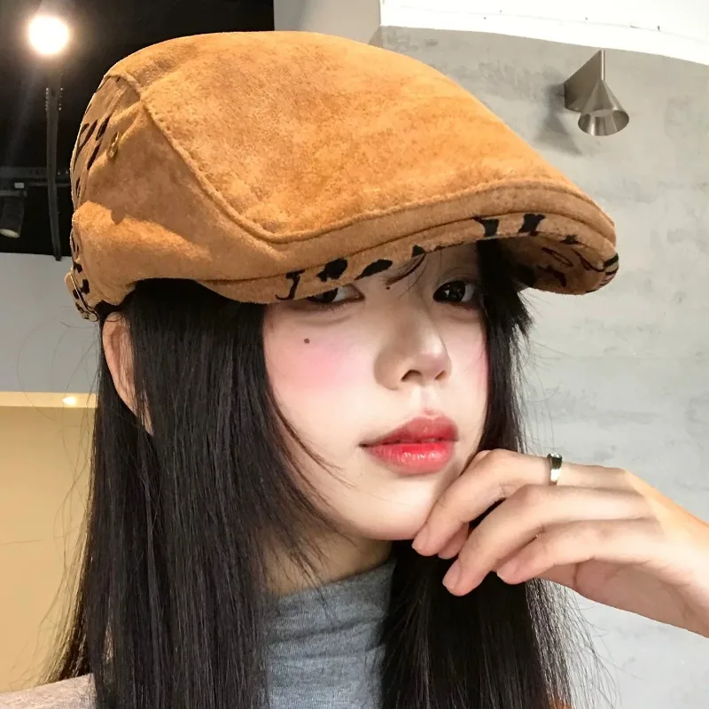 Vintage Splicing Leopard Suede Forward Hats for Women Spring and Autumn Fashion Streetwear Versatile Leisure Literary Berets