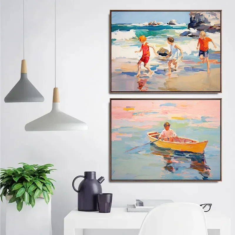 Abstract Pastel Sunset Beach Figure Sailboat Flamingo Seascape Coastal Poster Canvas Painting Wall Art Pictures Home Decor
