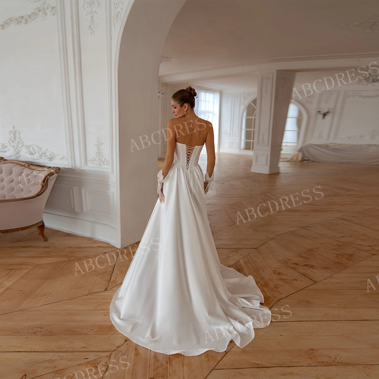 ABCDRESS Customized Elegant Strapless Ball Gown Corset Sleeveless Wedding Dresses Lace Details High Slit Bridal Dress