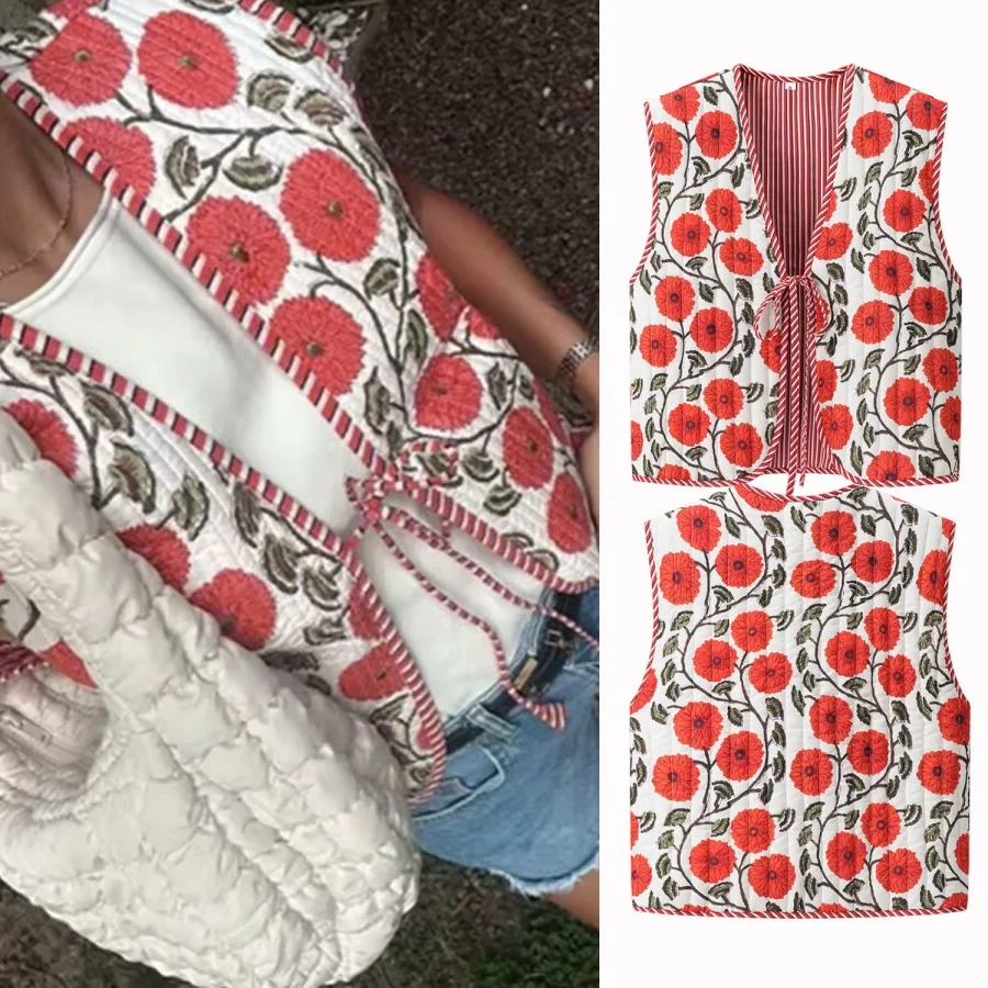 

Осень 202, женский стеганый хлопковый жилет Y2K с v-образным вырезом и цветочным принтом, женский жилет на шнуровке в стиле ретро, топы