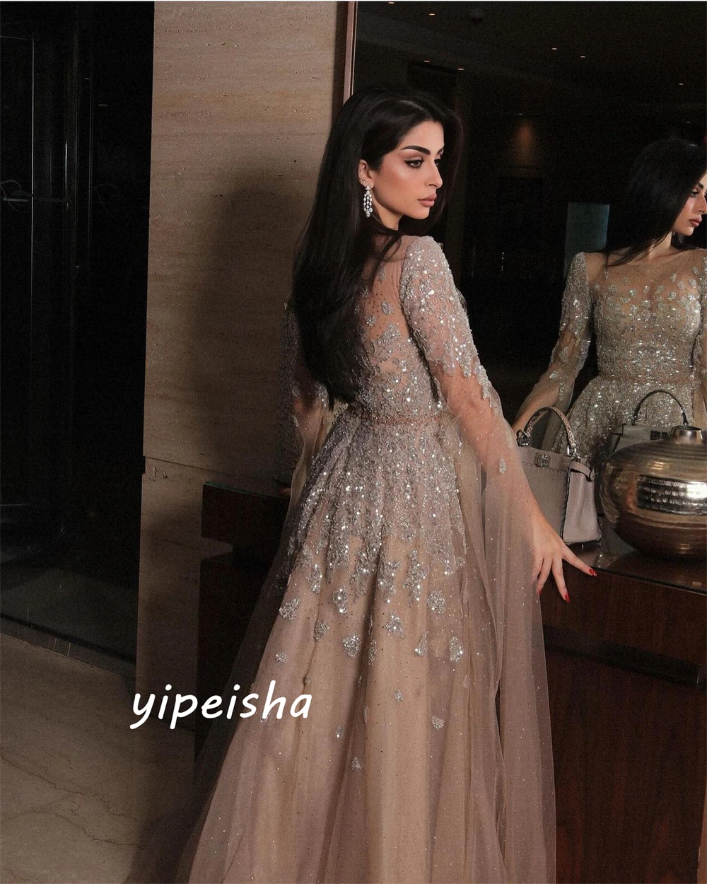 Customized Intricate Sparkle Jewel A-line Party Dresses Beading Paillette / Sequins Organza Evening Saudi Arabia