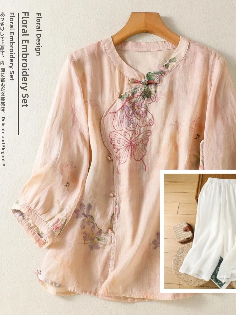 

Elegant Cotton Linen Embroidered Loose Shirt Pants Set for Women New Chinese Style Summer High End Fashion plus Size