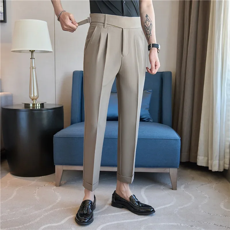 High Waisted Men Dress Pants Trousers 2024 Autumn Solid Casual Slim Suit Pants Business Straight Pantalones Hombre Men Clothing