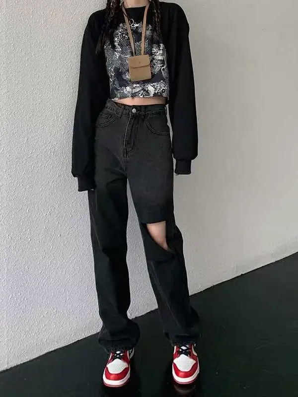 

High Waist Large Size Ripped Jeans Women's Cleanfit Sle PU Fabric Bla Jeans Front And Ba Design Sense