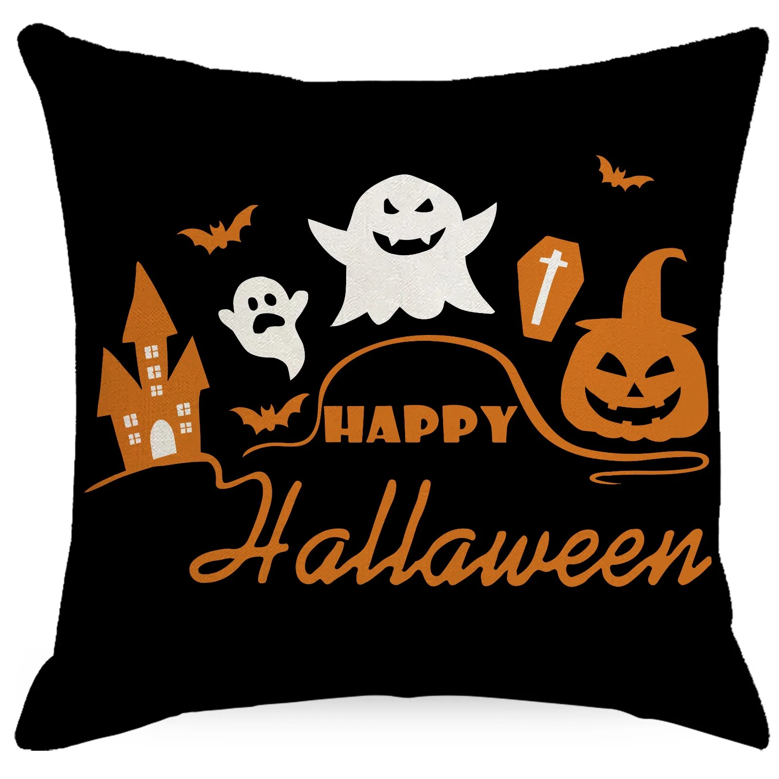 1pc Orange spider web pumpkin element Halloween pillowcase comfortable imitation linen texture pillowcase HAPPY HALLOWEEN