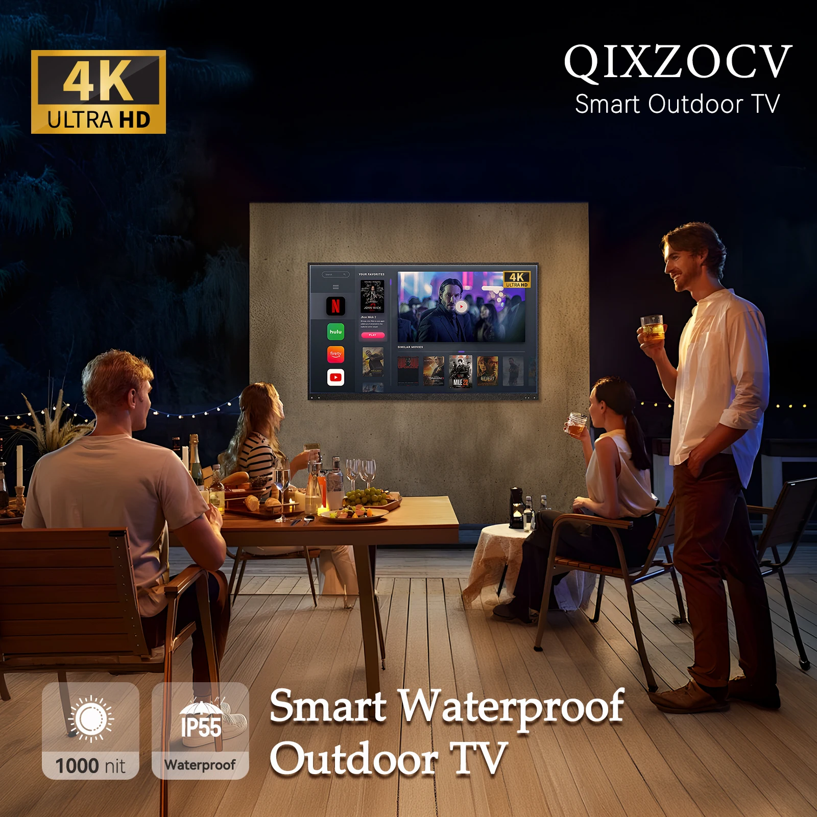55-Inch 4K Outdoor TV with 2000nit High Brightness Waterproof IP55 Voice Assistant Remote Built-in Speaker LCD Display