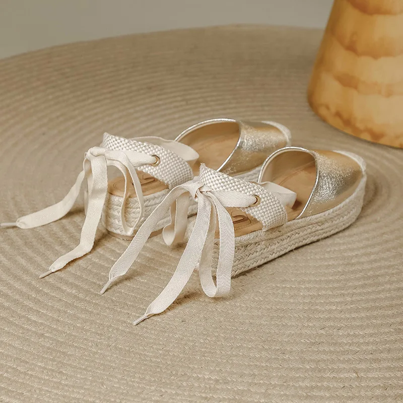 Large Size High Heel Sandal for Women Big High-heeled Hemp Fabric Rubber PU Slides Hoof High Heel Sandal for Women Large Size H