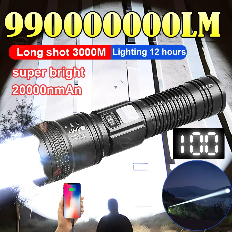 990000000LM Super Bright Flashlight USB Rechargeable LED Long Range Tactical Torch Outdoor Waterproof Camping Fishing Lantern